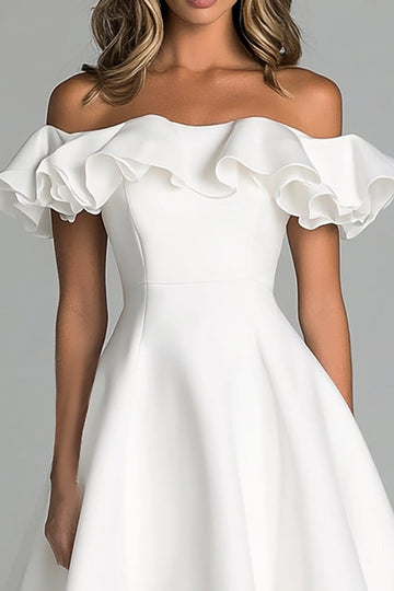 White Off The Shoulder A Line Midi Graduation Dress With Ruffles